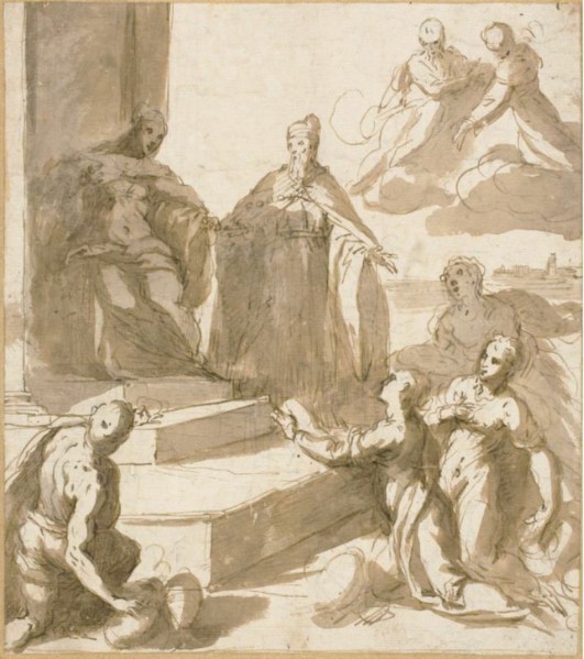 Study for Venice Receiving Homage and Gifts from Brescia, Udine, Padua, and..., c.1593. Creator: Jacopo Palma.