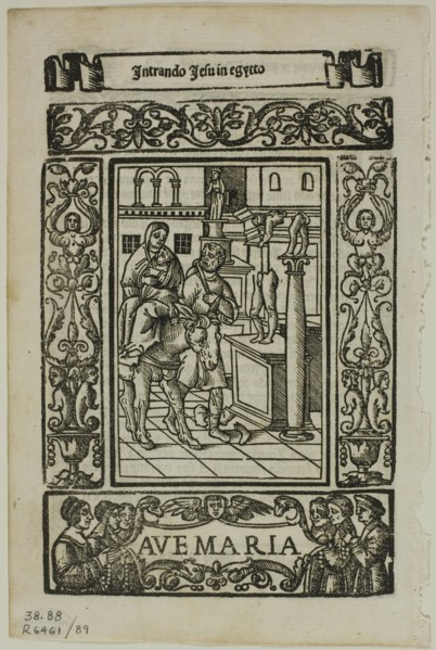 Flight into Egypt from Rosario della V. Maria by Castellanus, plate 89 from Woodcuts...1937. Creators: Unknown, Max Geisberg.