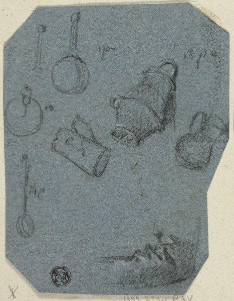 Sketches of Kitchen Utensils, Bent Arm (recto); Historical Scene (verso), n.d. Creator: Unknown.