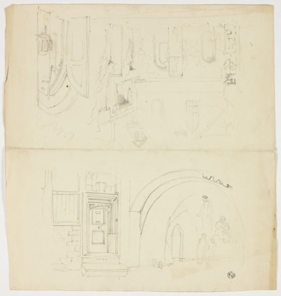 Sketches of Doorway, Figures, Building with Side Entrance to Church (r); Sketch of Spire (v), n.d. Creator: Unknown.