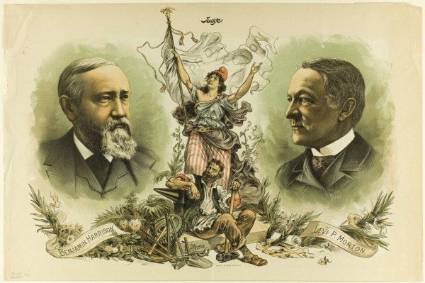 Victory Portraits of Benjamin Harrison and Levi P. Morton, from Judge, 1888. Creator: Unknown.
