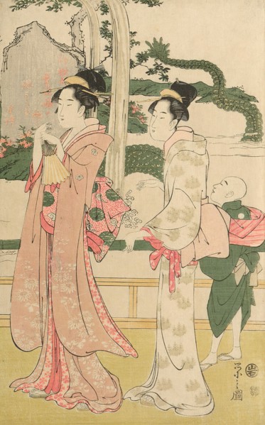 Women viewing dragon and tiger made of tobacco pouches, c. 1795. Creator: Hosoda Eishi.