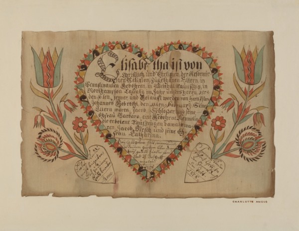 Pa. German Birth Certificate, c. 1939. Creator: Charlotte Angus.