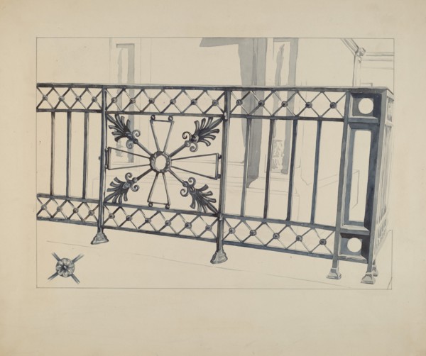 Iron Gate and Fence, c. 1936. Creator: Arelia Arbo.