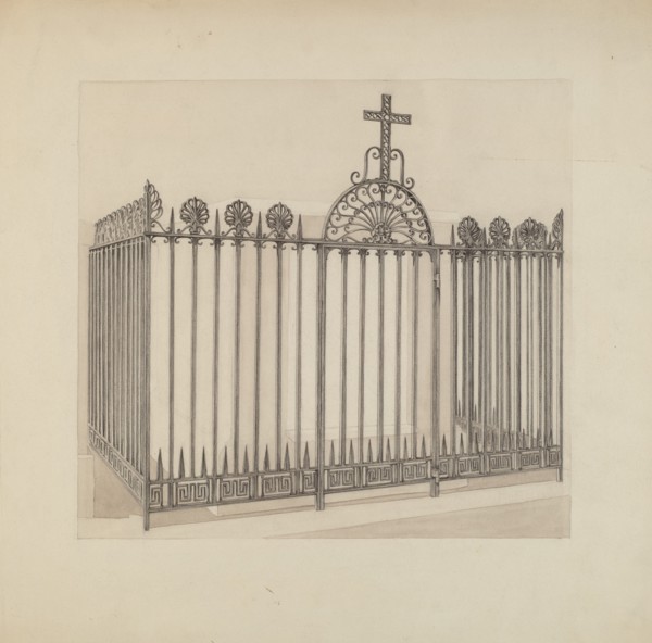 Iron Gate and Fence, c. 1936. Creator: Arelia Arbo.
