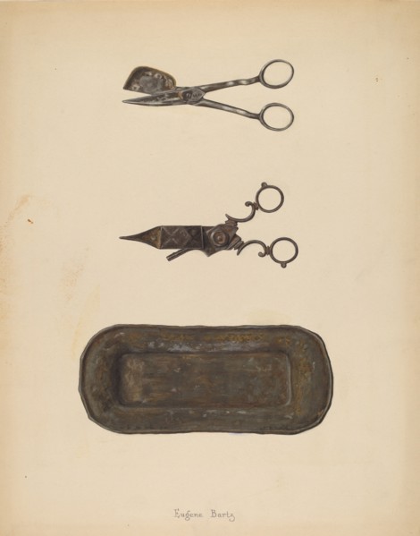 Candle Snuffer, Trimmer & Tray, c. 1937. Creator: Eugene Bartz.