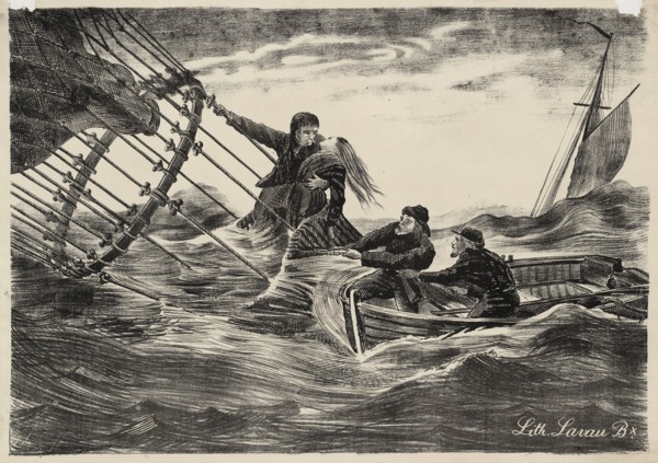 The rescue of Jules and Caroline Duruof from their balloon "Le Tricolore" off the coast of..., 1874. Creator: Anonymous.