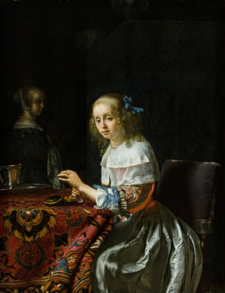 Young Woman Threading Pearls, 1658. Creator: Mieris, Frans van, the Elder (1635-1681).