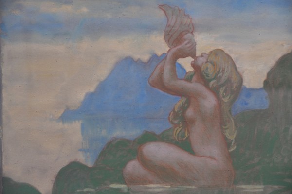 Figurine marine soufflant dans une conque (golfe de Porto), c. 1908. Creator: Auburtin, Jean Francis (1866-1930).