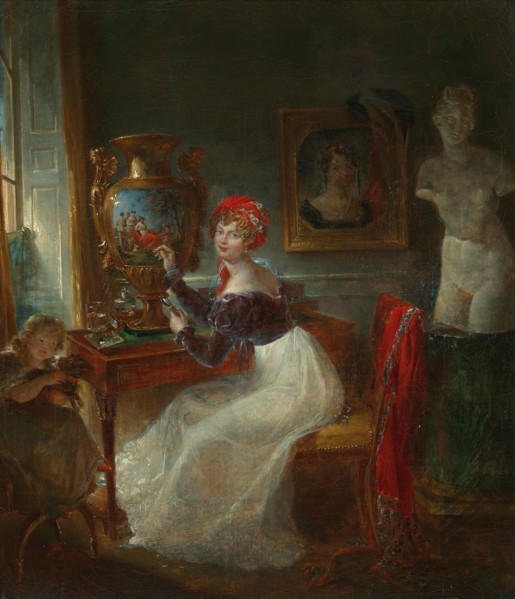 Self-portrait of the artist painting porcelain in her studio. Creator: Jaquotot, Marie Victoire (1772-1855).