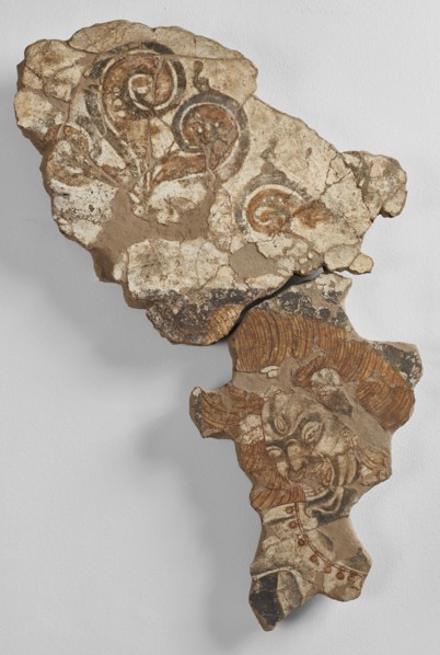 Fragment of a mural with a three-eyed demon with skulls in their hair, 8th-9th century. Creator: Sogdian Art.