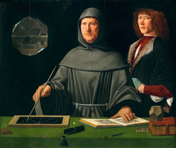 Portrait of Luca Pacioli (1445-1517) with a student, probably the Duke of Urbino Guidobaldo da Montefeltro, 1495. Creator: Jacopo de' Barbari (c. 1460/70-before 1516).