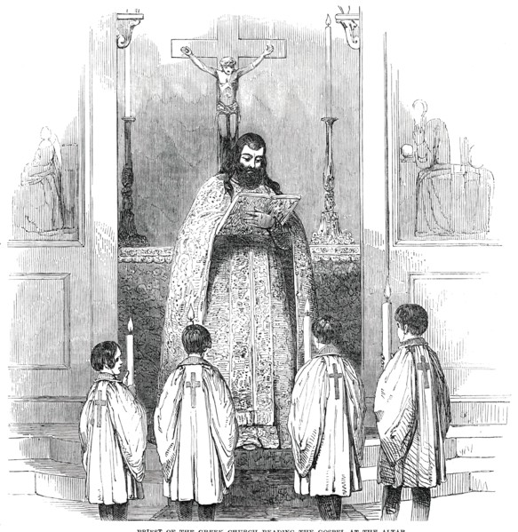 Priest of the Greek Church reading the Gospel at the Altar, 1850. Creator: Unknown.