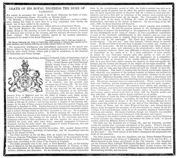 Death of His Royal Highness the Duke of Cambridge, 1850. Creator: Unknown.