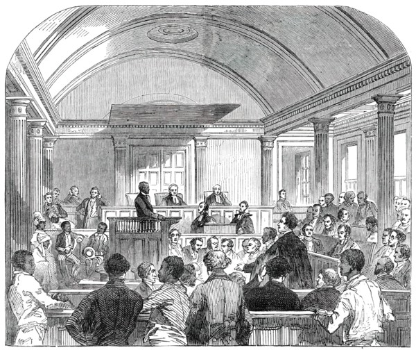 Trial of the Rioters (Oct. 1) in the Court-House, at Trinidad, 1850. Creator: Unknown.