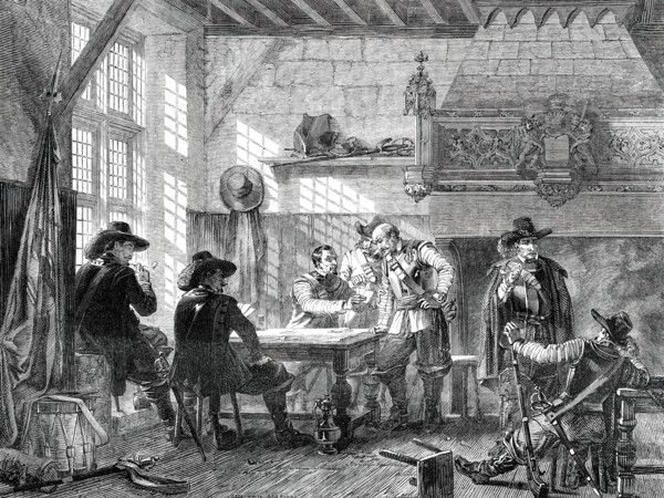 The Guard Room - painted by L. Haghe, 1850. Creator: Walter Mason.