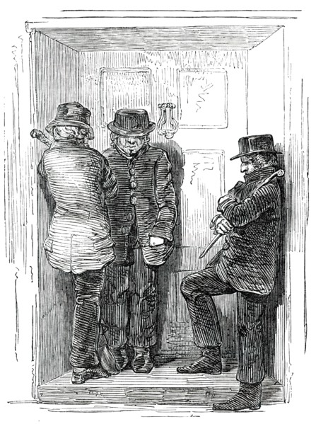 There are three men waiting outside, and I'm afraid to go out, 1850. Creator: Unknown.