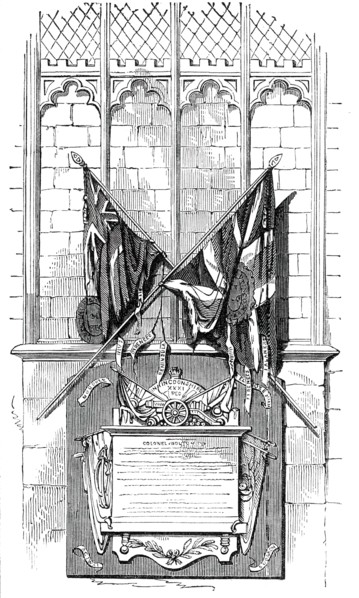 Colours of the 31st Regiment placed above the Monument to the Officers, in Canterbury, 1850. Creator: Unknown.