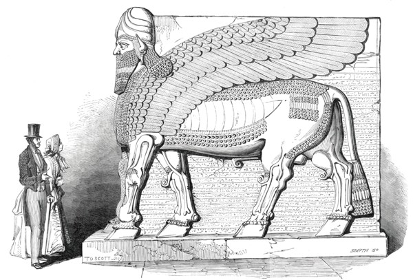 Nimroud Sculptures Just Received at the British Museum - Human-Headed and Eagle-Winged Bull, 1850. Creator: Smyth.