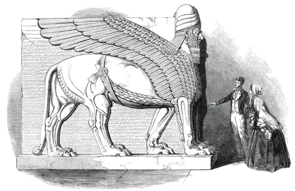 Nimroud Sculptures Just Received at the British Museum - Human-Headed and Winged Lion, 1850. Creator: Smyth.