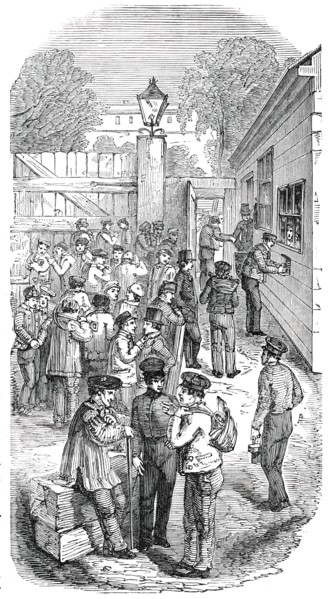 Great Exhibition Building - Paying the Workmen, 1850. Creator: Unknown.