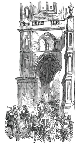 The Procession passing St. Mary's Church, Warwick May Fair Show, 1850. Creator: Unknown.