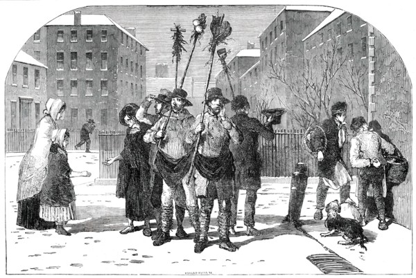 Frozen-Out Gardeners and Snow Clearers - drawn by Foster, 1850.  Creator: Edmund Evans.