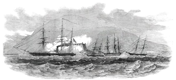 H. M. Steam-Frigate "Cormorant" Passing the Fort of Paranagua, and Engaging, 1850. Creator: Unknown.