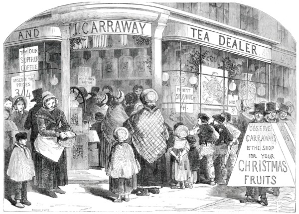 The Grocer's Shop at Christmas - drawn by Foster, 1850. Creator: Edmund Evans.