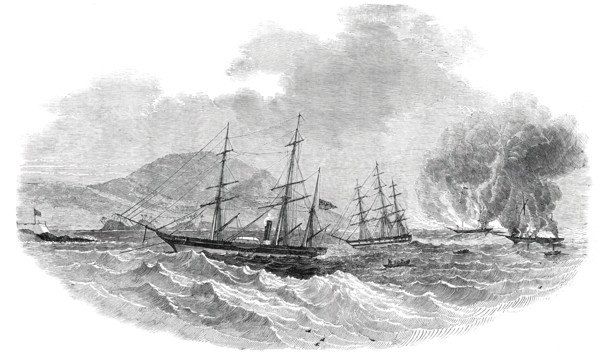 The "Cormorant" at Anchor, Destroying the Slave-Brigs "Serea" and "Donna Anna", 1850. Creator: Unknown.