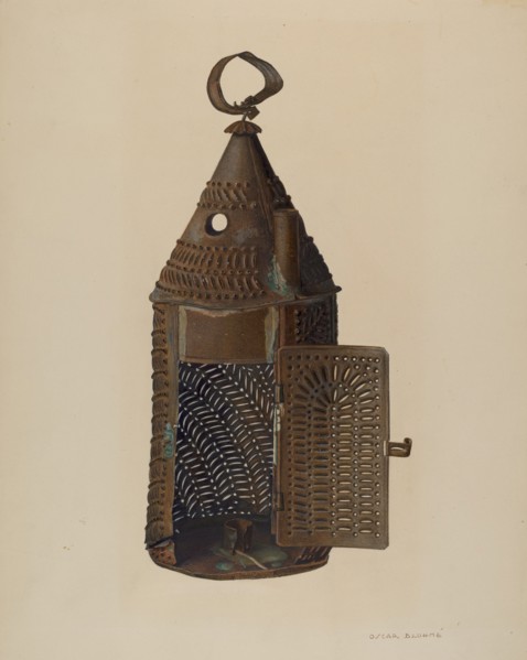 Perforated Tin Lantern, c. 1940. Creator: Oscar Bluhme.