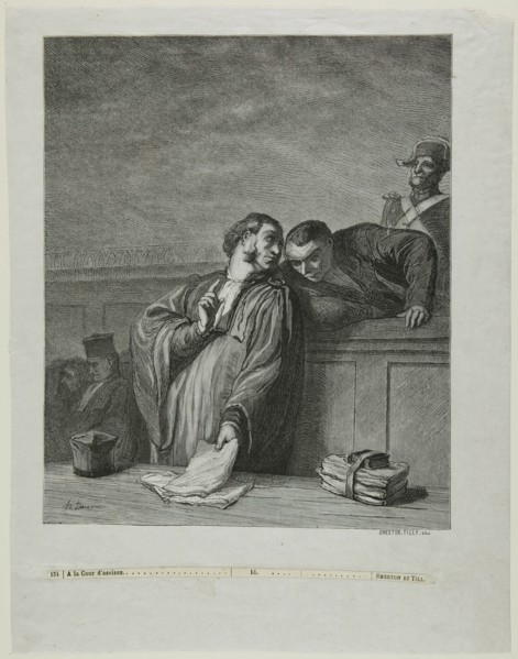 À la cour d'assises: L'avocat, debout, s'entretenant avec l'accusé, 1878. Creator: Burn Smeeton.
