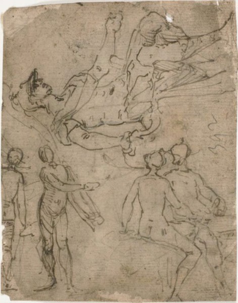 Sketches of Seated Warrior, Various Figures, 1585/95. Creator: Bernardo Castello.