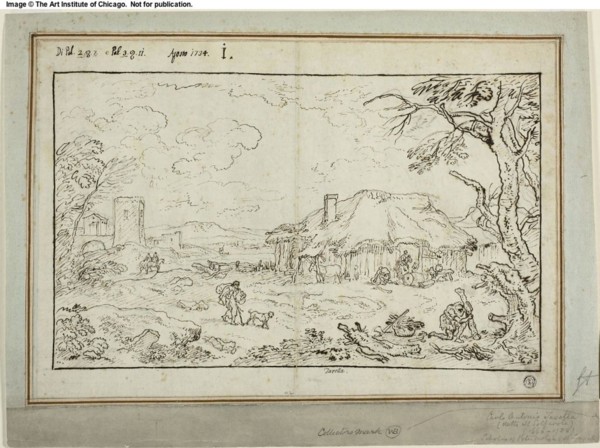 Rural Crossroads, with Farm Buildings in Foreground, 1734. Creator: Carlo Antonio Tavella.