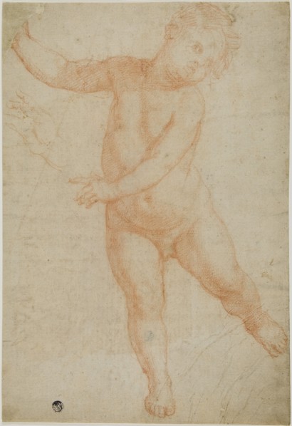 Putto Poised on Right Leg (recto); Sketch of a Draped Arm (verso), 1575/1600. Creator: Domenico Cresti.