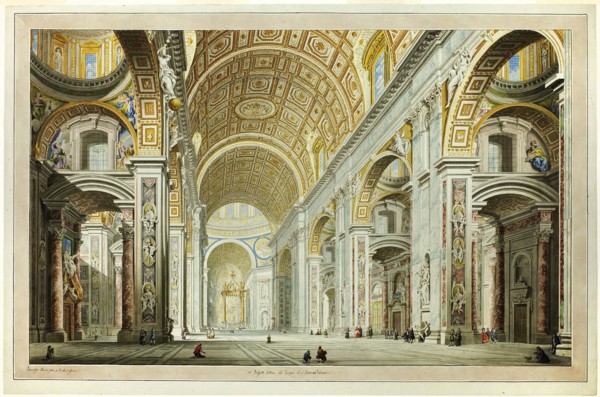 Interior View of the Church of St. Peter's in the Vatican, c.1770. Creator: Francesco Panini.