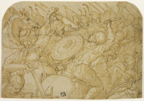 Cavalry Skirmish (recto); Architectural Sketch (verso), 1558/59. Creator: Giorgio Vasari.