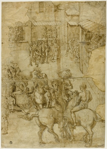 Mythological Pageant (recto); Illegible Inscriptions and Anatomical Studies of...(verso), 1528/29. Creator: Girolamo Genga.