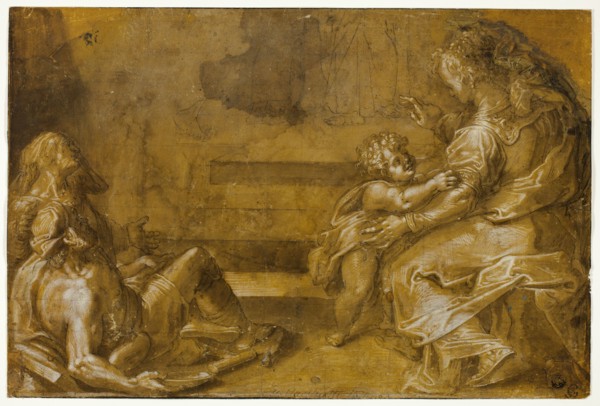 Two Reclining Beggars, and Seated Mother and Child, at Foot of Steps, n.d. Creator: Girolamo Macchietti.