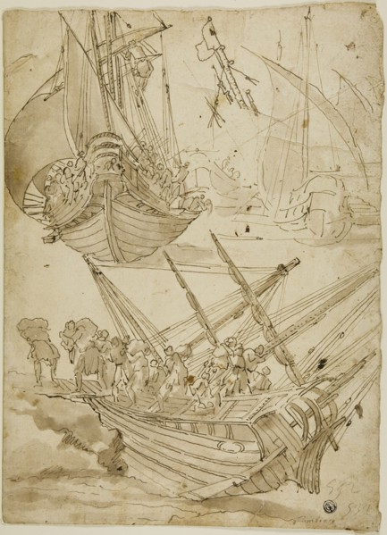 Crew Abandoning Ship (recto) Sketches of Corinthian Columns (verso), c.1600. Creator: Lazzaro Tavarone.