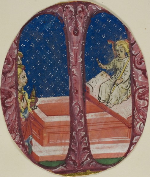 Two Marys Discover the Empty Tomb in a Historiated Initial "M", 1475/99. Creator: Unknown.
