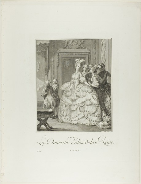 The Queen's Lady-in-Waiting, from Monument du Costume Physique et Moral de la fin..., 1777. Creators: Pietro Antonio Martini, Laurent-François Prault.