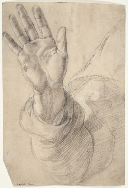 Upraised Right Hand, with Palm Facing Outward: Study for Saint Peter, 1518/20. Creator: Raphael.