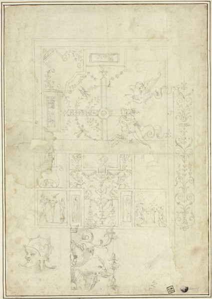 Ceiling Design, with Sketches of Ornamental Border, Helmeted Head (recto); Sketches..., n.d. Creators: School of Giovanni da Udine, called Giovanni dei Ricamatori, School of Perino del Vaga.
