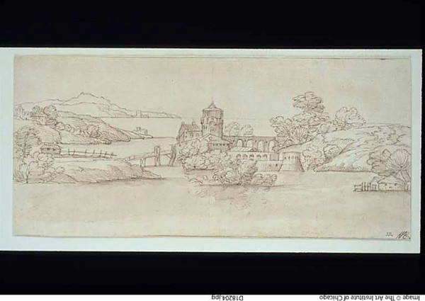 Landscape with Castle, n.d. Creators: Unknown, Giovanni Francesco Grimaldi.