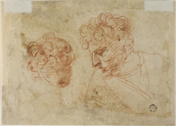 Two Sketches of Heads (recto); Two Sketches of Draped Woman (verso), c.1600. Creator: Unknown.