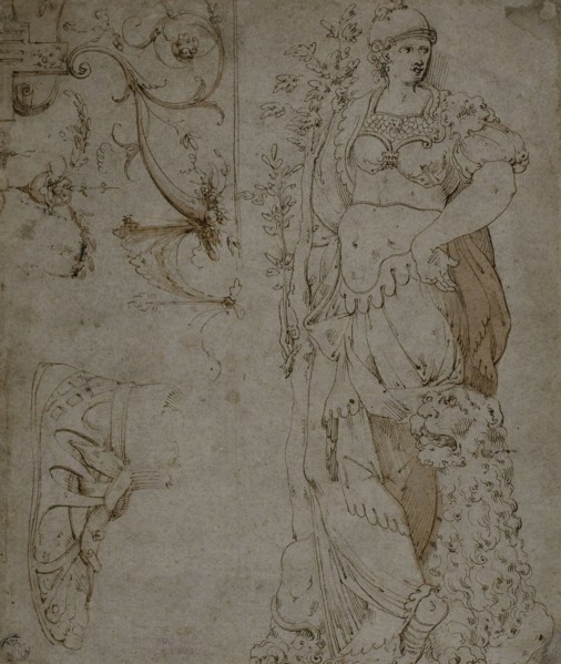 Three Sketches: Fortitude, a Sandal, and Grotesques (recto); Sketches of Grotesques..., 1560/69. Creator: Unknown.