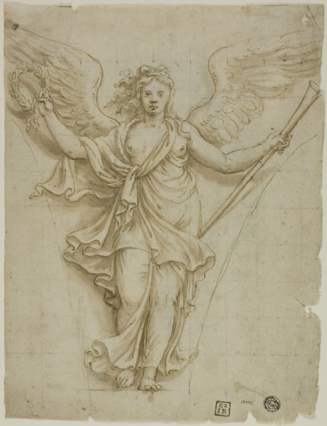 Spandrel Design with Allegorical Figure of Fame (r); Design for Coat of Arms (v), c.1532. Creator: Workshop of Giulio Pippi, called Giulio Romano.