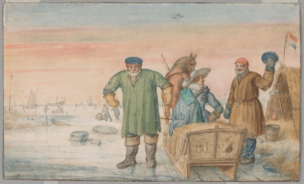 Two Old Men beside a Sled Bearing the Coats of Arms of Amsterdam and Utrecht, 1620/33. Creator: Hendrick Avercamp.