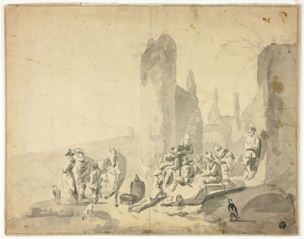 Harborside Scene with Various Figures, n.d. Creators: Hendrik Verschuring, Thomas Wyck, Nicolaes Berchem.